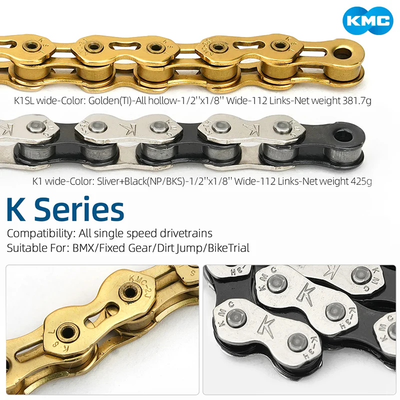 KMC bicycle chain single speed K1/K1SL/Z1eHX/S1/HL1 Series 1/2"x1/8" 3/32"112links for BMX/Dirt Jump/Fixed Gear/Track/Bike Trial view 2