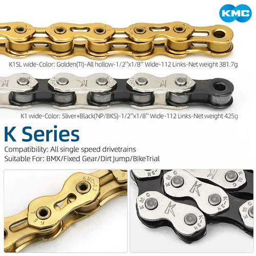 Imagen 2 del producto Cadena de bicicleta KMC, cadenas de marcha única K1, piñón fijo BMX Z1, cadena de bicicleta de 1/2 ""x 1/8"" 3/32 "", 112 eslabones para Shimano