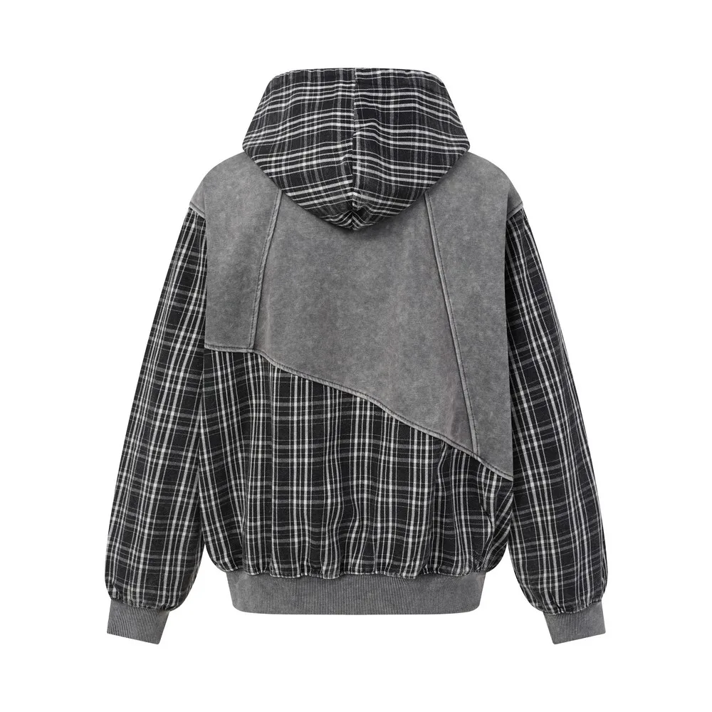 Patchwork Color Block Plaid Distressed Washed Winter Fall Goth Grunge Hoodies Coats Clothes Oversized Streetwear for Women Men