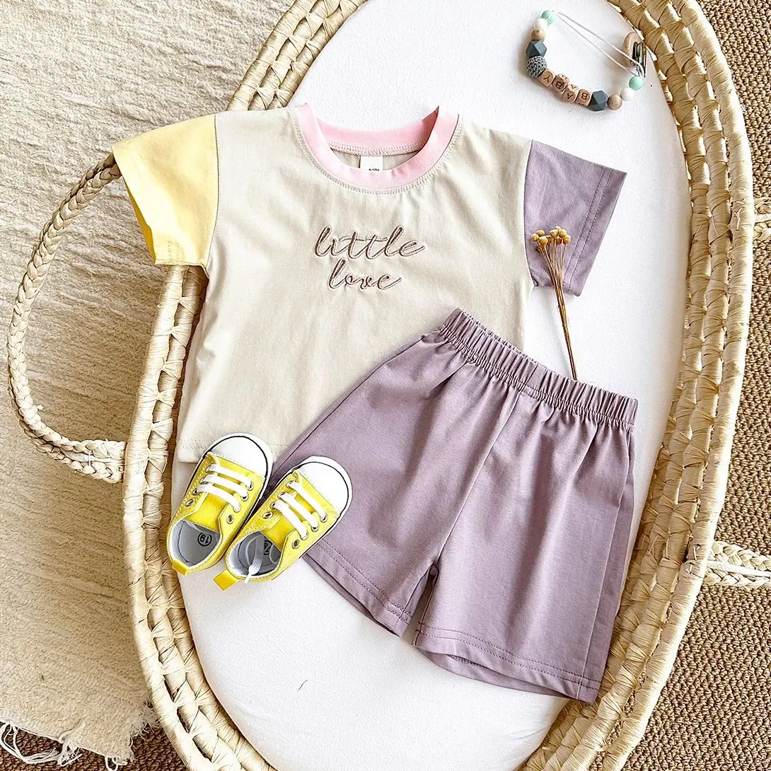 2024 New Baby Girls Clothes Set Casual Embroidered Letters Color Patchwork Short Sleeved T-shirt+loose Shorts Summer Boys Suit