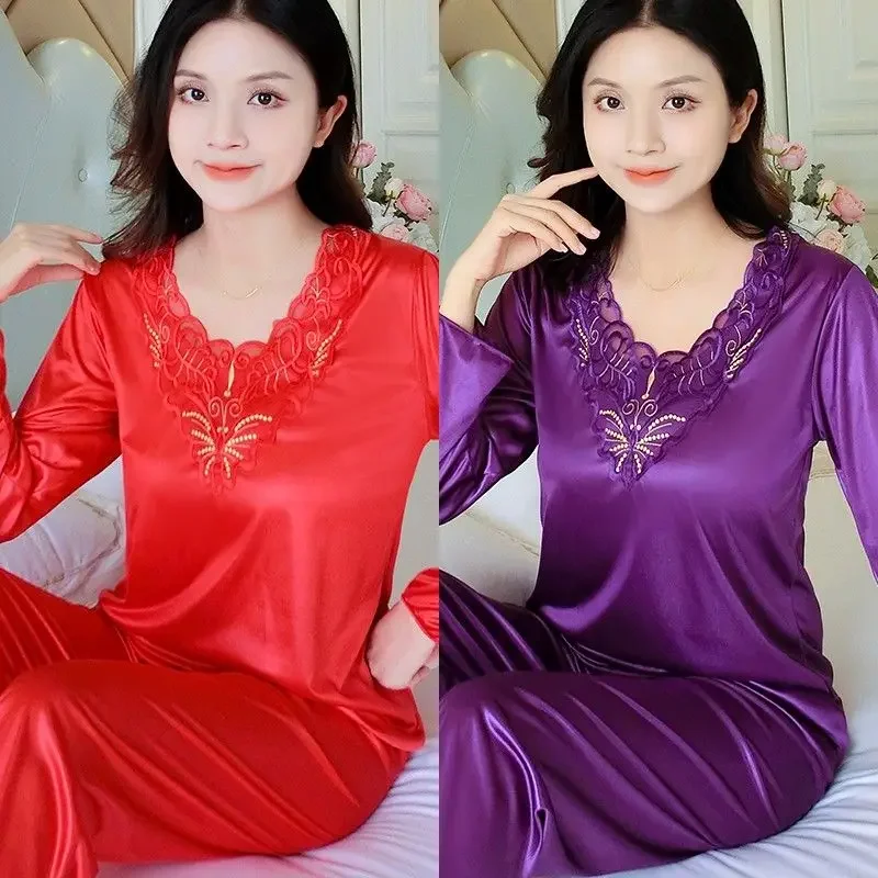 Large size pajamas for women spring and autumn styles ice silk thin style sexy long sleeved home clothing set, summer