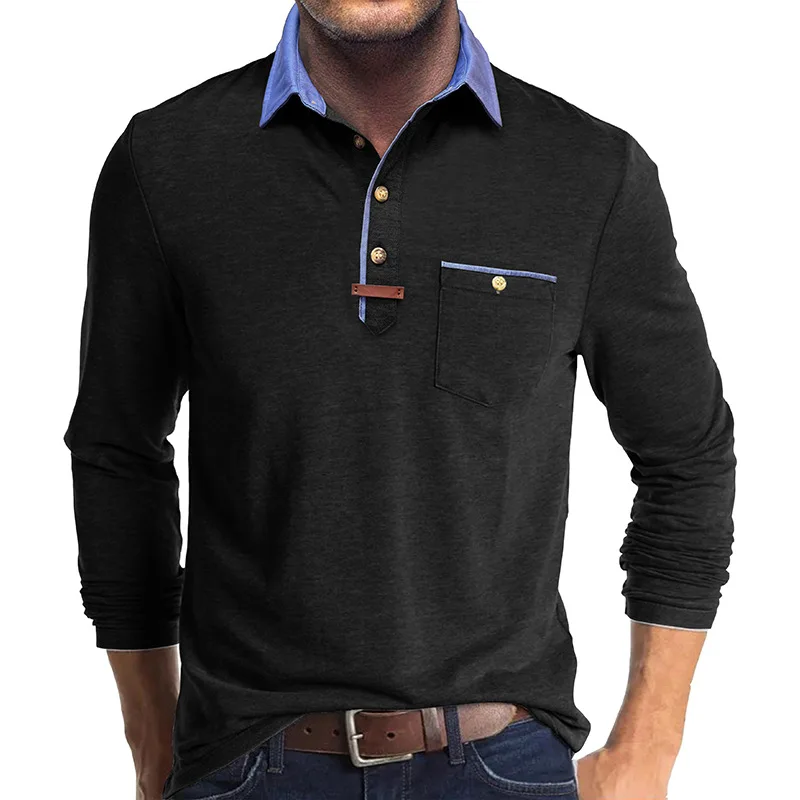 Langarm-Poloshirt für Herren, lässig, schmale Passform, Henley-Kragen, T-Shirt mit Tasche, Smart Blend Tops – Detail 9