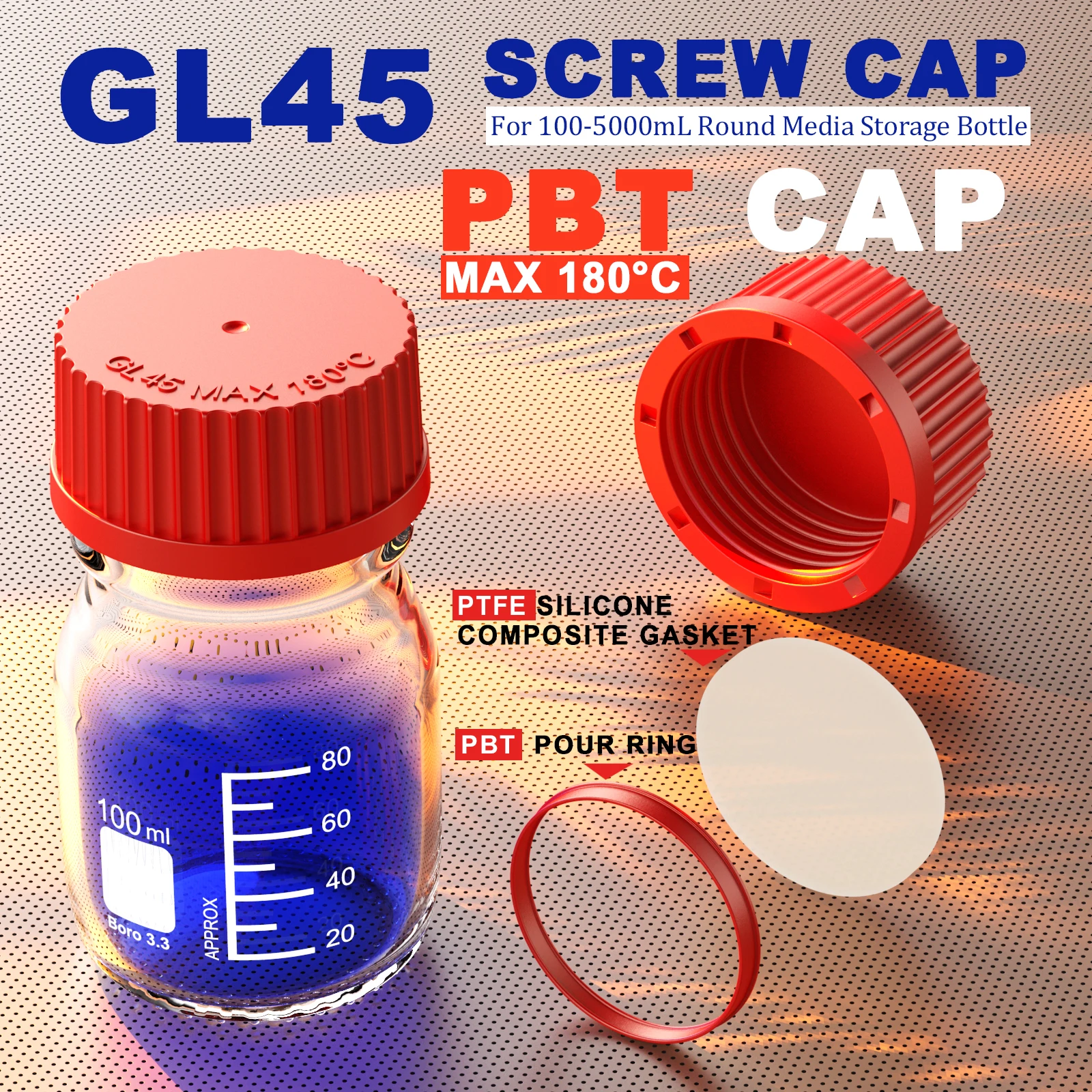 Ks-Tek GL45 PBT/PP Screw Cap,with Pour Ring,PTFE Silecone Gasket,Silecone Gasket,PBT Pour Ring