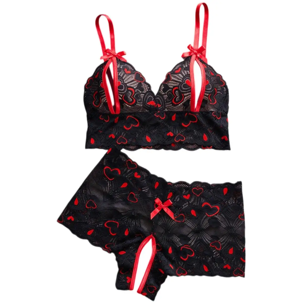 2026 Hot Sexy Valentine Lingerie Set For Women Black Lace Red Heart Strappy Bra Crotchless Panty Sleepwear