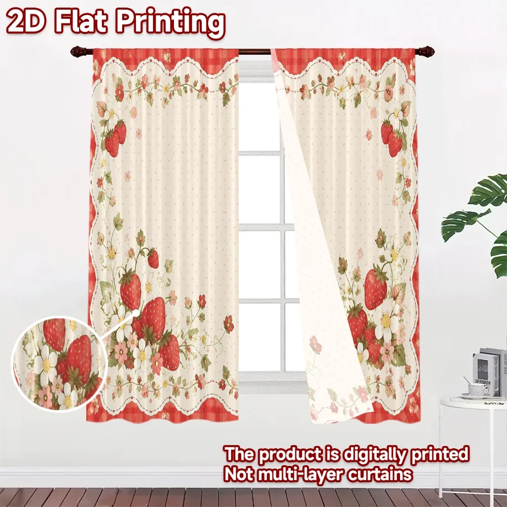 2D FLAT PRINTING 2pcs Curtains (Without Rod) Strawberries and Flowers Border Popular Curtains Digital Printed Versatile 100%