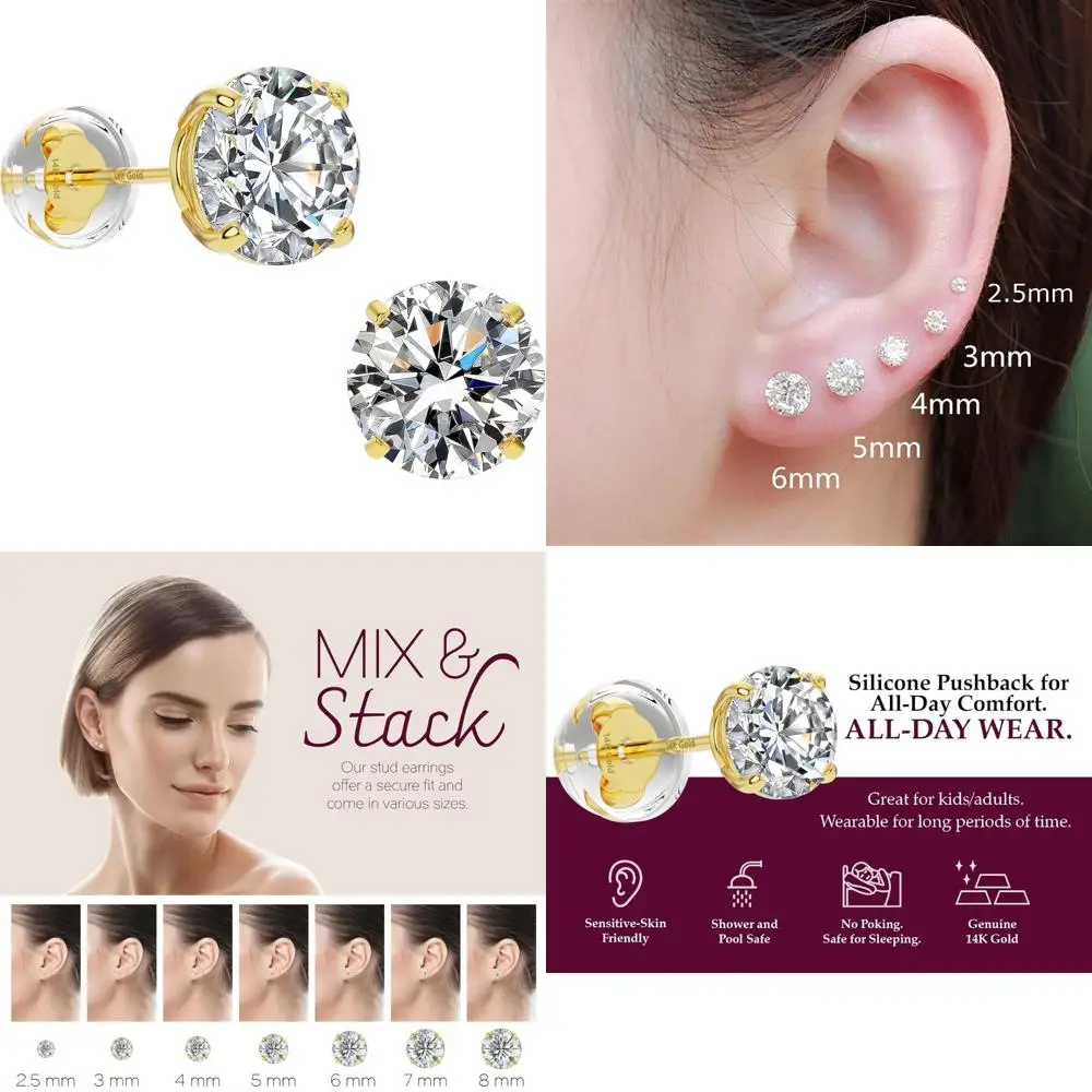 

14k Gold Round Solitaire Cubic Zirconia CZ Earrings - Classic Jewelry for Everyday Wear