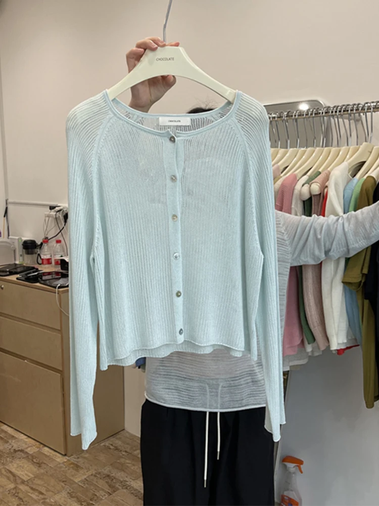 

Linen Ice Silk Women's Knitted Open Cardigan Thin Summer Top Korean Sle Loose Fit Long Sve Low Collar Button down