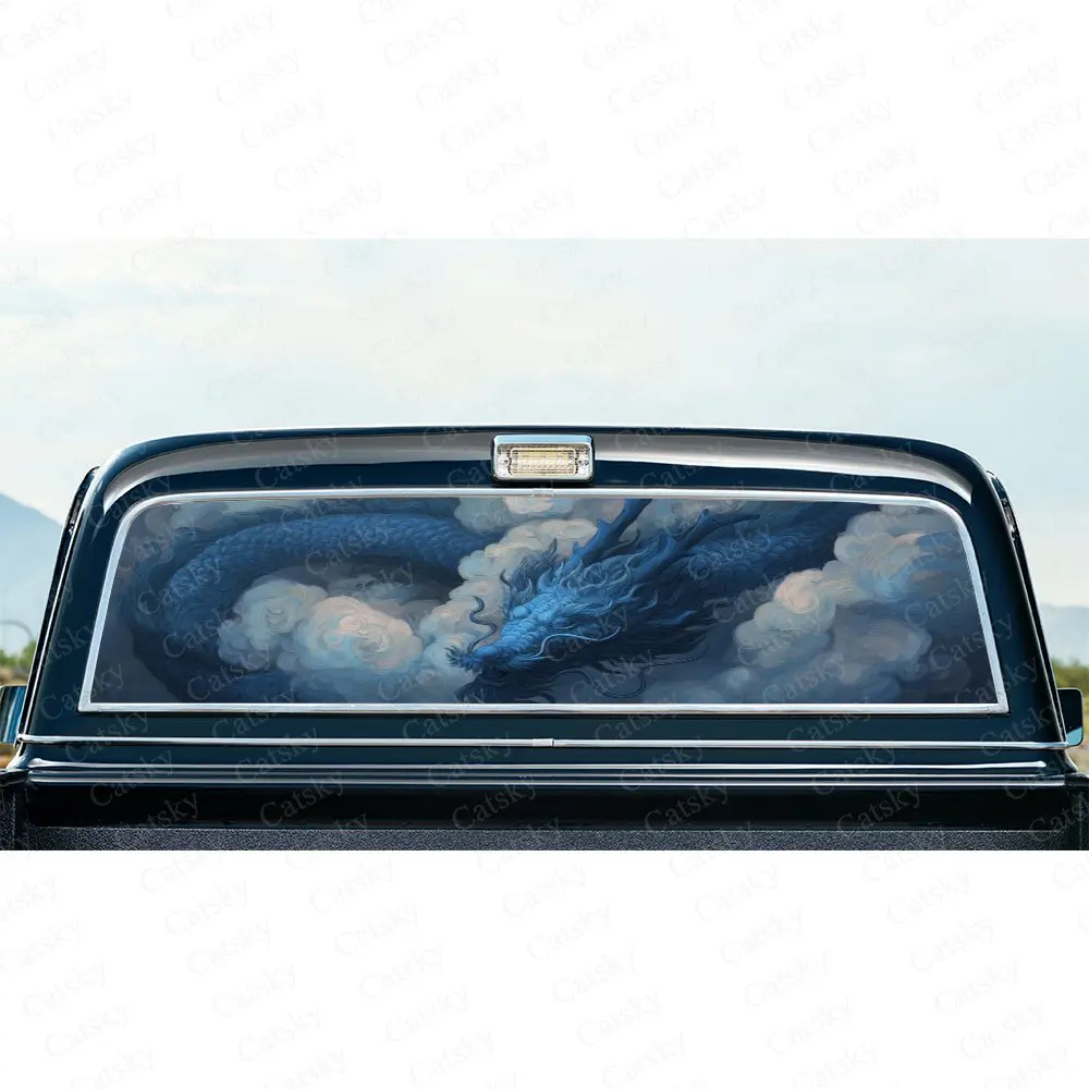 

Blue Cloud Dragon Chinese Fantasy Pattern PVC Perforated Car Vinyl Wraps, Durable Car Rear Windshield Sticker, Waterproof Car Re