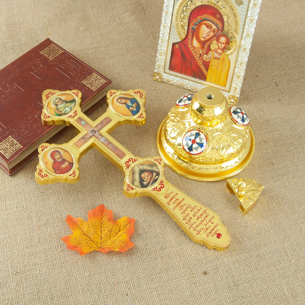 HT New Orthodox Jesus Crucifix With Mary Religion Character Icon Color Enamel Decor Bishop Prayer Handheld Cross Altar Cross