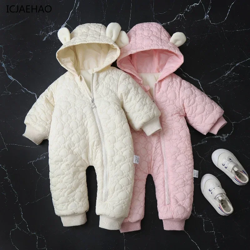 2025 Newborn Romper New Cute Ear Hooded Winter Baby Girl Boy Casual Clothes Coat High Quality Boutique Warm Jumpsuit