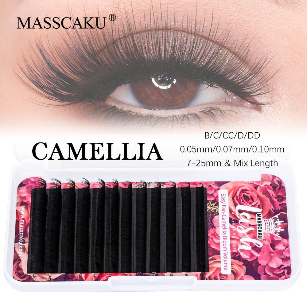 MASSCAKU Professional Makeup Eyelashes 0.05 0.07 0.10mm C CC D DD Curl Automatic Camellia Blooming Lashes Extensions Wholesale