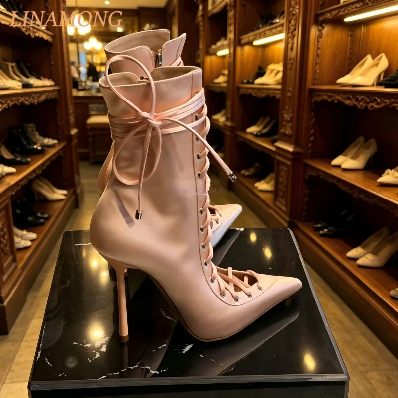 Bare Pink Shiny Satin Women's Ankle Boots Pointed Design Ankle Wrap Strap Bow Decoration Inner Zipper Ultra-Fine High Heels