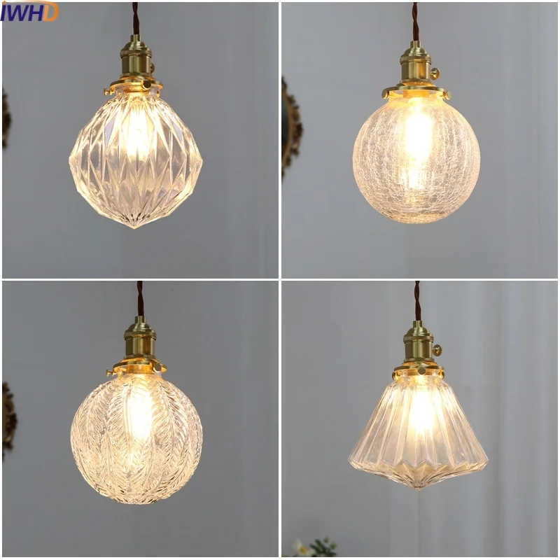 

IWHD Modern Style LED Pendant Lamp Bedroom Dining Room Bar Glass Copper Nordic Hanging Light Fixtures Knob Switch Hanglampen