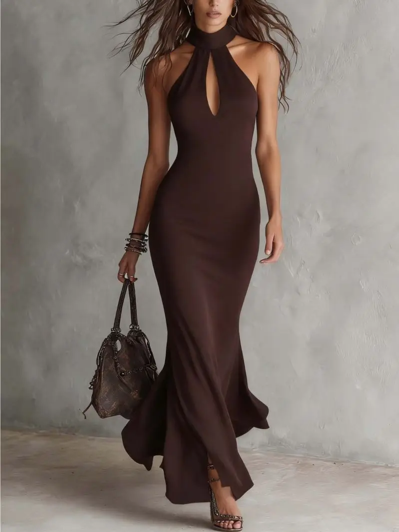 Elegant Sleeveless High Neck Long Skirt with Slit for Women Perfect for Dinner Dates And Formal Occasions