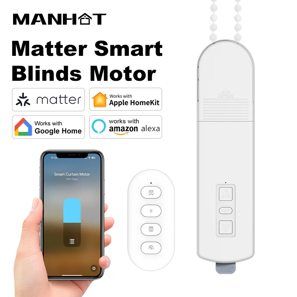 

Manhot Matter Wi-Fi Smart DIY рулонные жалюзи с двигателем, тянущая бусина, моторизованная цепная жалюзи, работа с Homekit, приложение Alexa Google Home
