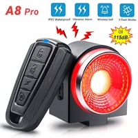Lámpara trasera de bicicleta, luz de frenado, alarma antirrobo, llamada remota, Control inalámbrico, carga USB, linterna LED, buscador de bicicleta, bocina, campana A8 Pro