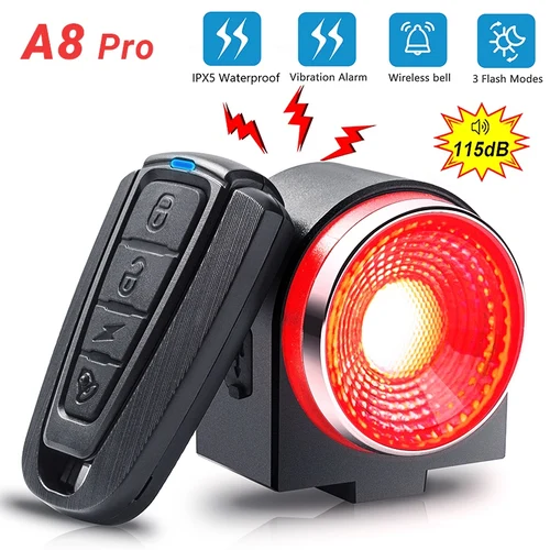 Lámpara trasera de bicicleta, luz de frenado, alarma antirrobo, llamada remota, Control inalámbrico, carga USB, linterna LED, buscador de bicicleta, bocina, campana A8 Pro