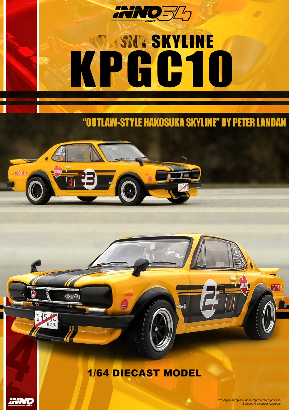 

INNO 1:64 SKYLINE 2000 (KPGC10) YellowBlack литая модель автомобиля