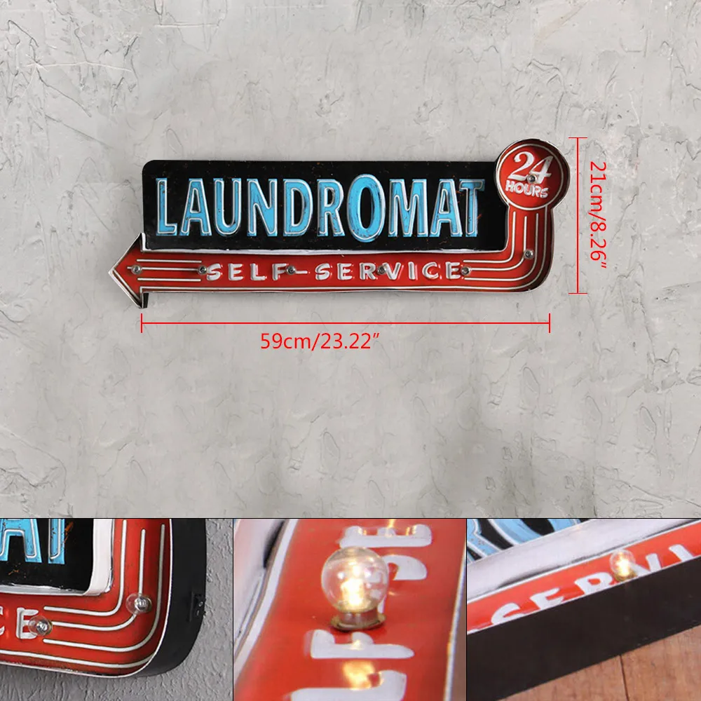Vintage LED Light Metal Hanging Sign LAUNDROMAT Laundry Shop Art Wall Decoration Wrought Iron Wall Decoration Store Signs