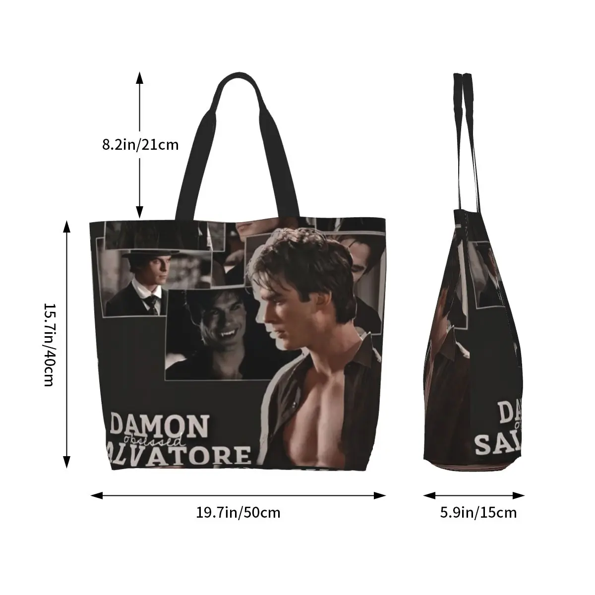 The Vampire Diaries Damon Salvatore Shopping Tote Bag Canvas Large Capacity Shoulder Bags Shopper Grocery Handbag for Women