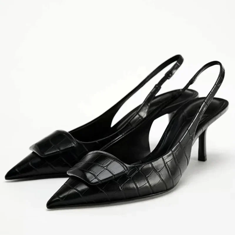 

Sexy Pointed Toe High Heels Women 2025 New Summer Square Button Slingback Shoes Hollow Elegant Office Sandals Mules Pumps Women