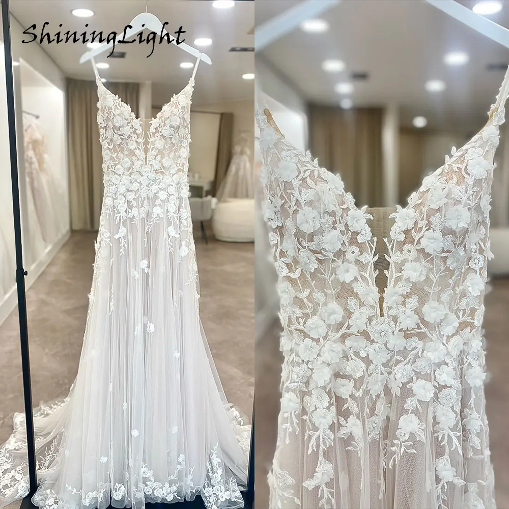 

ShiningLight Luxury Lace Appliques Boho Wedding Gowns 2026 Robe Mariee Spaghetti Straps V-Neck A-Line Bridal Dresses Customized