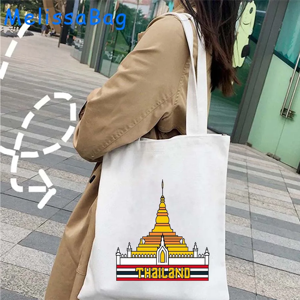 BANGKOK PHUKET Thailand Flag GRAPHIC Wat Arun Temple of Dawn Gift Women Canvas Shoulder Tote Bag Harajuku Shopper Cotton Handbag