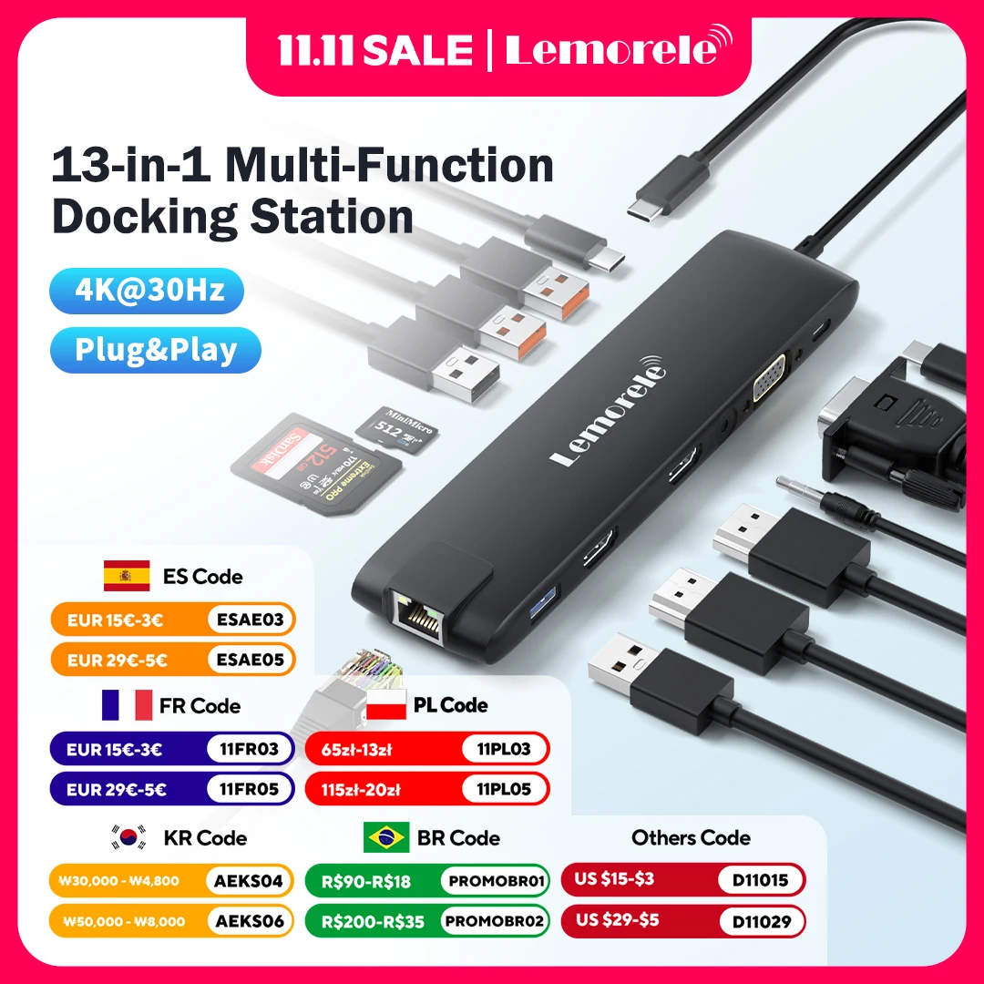 

Док-станция Lemorele TC96, USB 3,1, два HDMI, 4K, 10 Гбит/с, 100 Вт