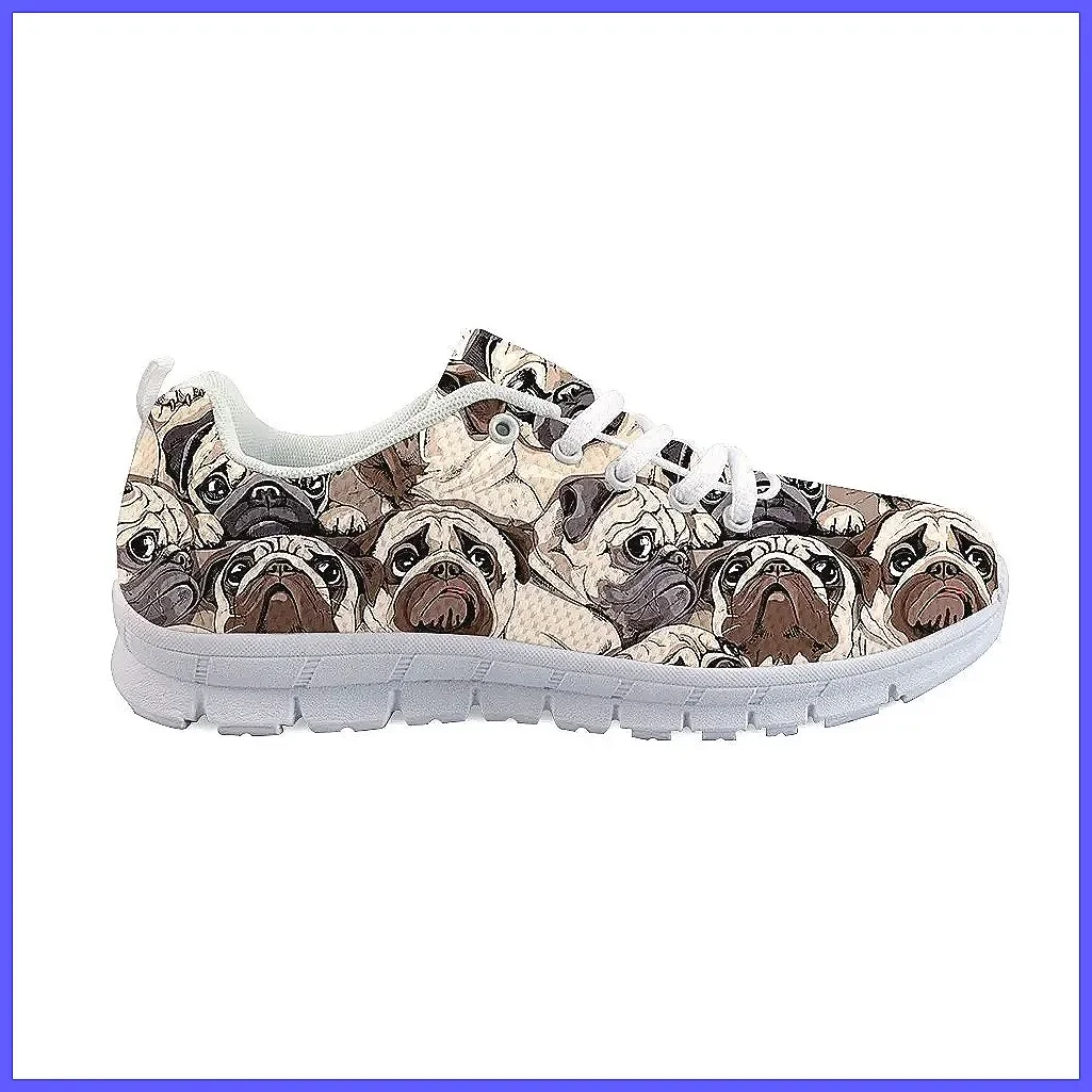 Women's Casual Sneakers Low Top Lace Up Breathable Walking Shoes Fashion Pug Print (Character Count: 73)