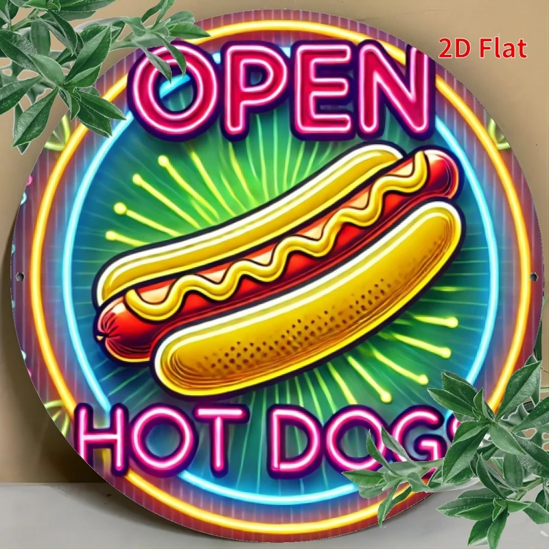2D Metal Sign, Neon Hot Dog Sign, Open Hot Dog Sign for Wall Decoration, Metal Art for Home Bar, Garage Cafe