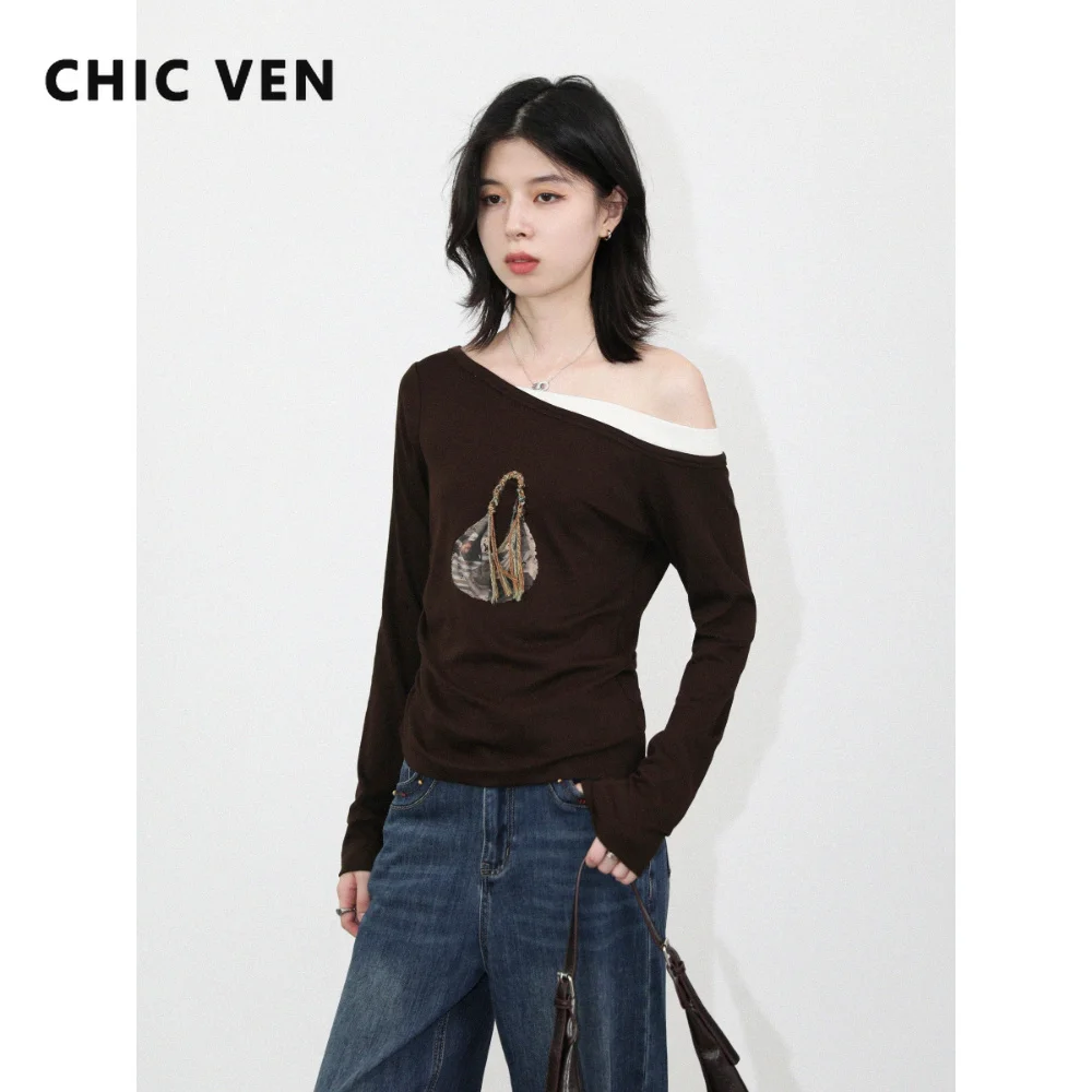 CHIC VEN Fashion Women Long Sleeve Top New Retro Contrast Shoulder Bag Printed Female T-shirt Pullover Autumn Winter 2026 Tees
