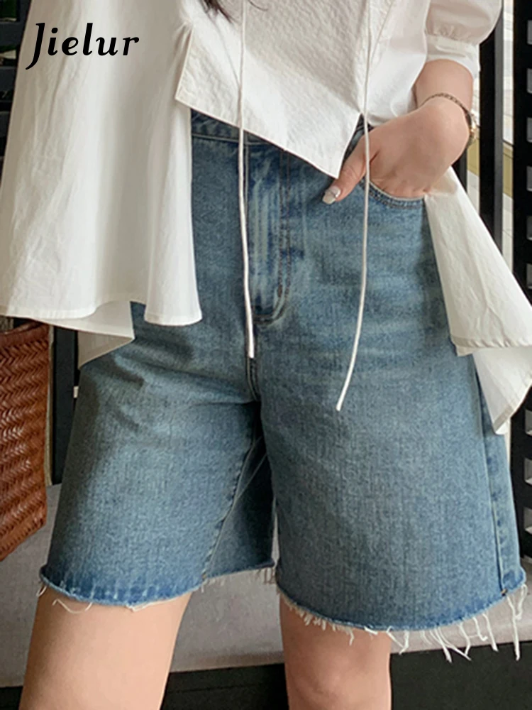 Jielur شورت أزرق عالي الخصر صيفي نسائي من قماش الدنيم سروال قصير فضفاض للنساء بألوان سادة ملابس شارع بسيطة #3