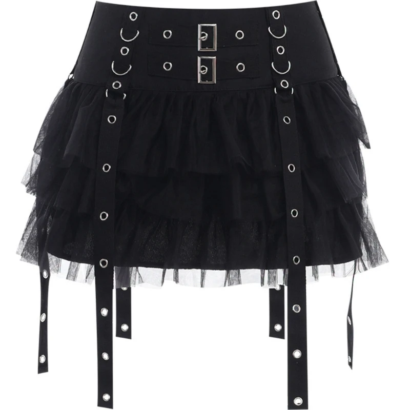 

Women Gothic High Waist Tiered Ruffle Mini Skirt Harajuku Y2K E-girl Aesthetic Pleated Mesh Patchwork Eyelet Ribbon Skater Skirt