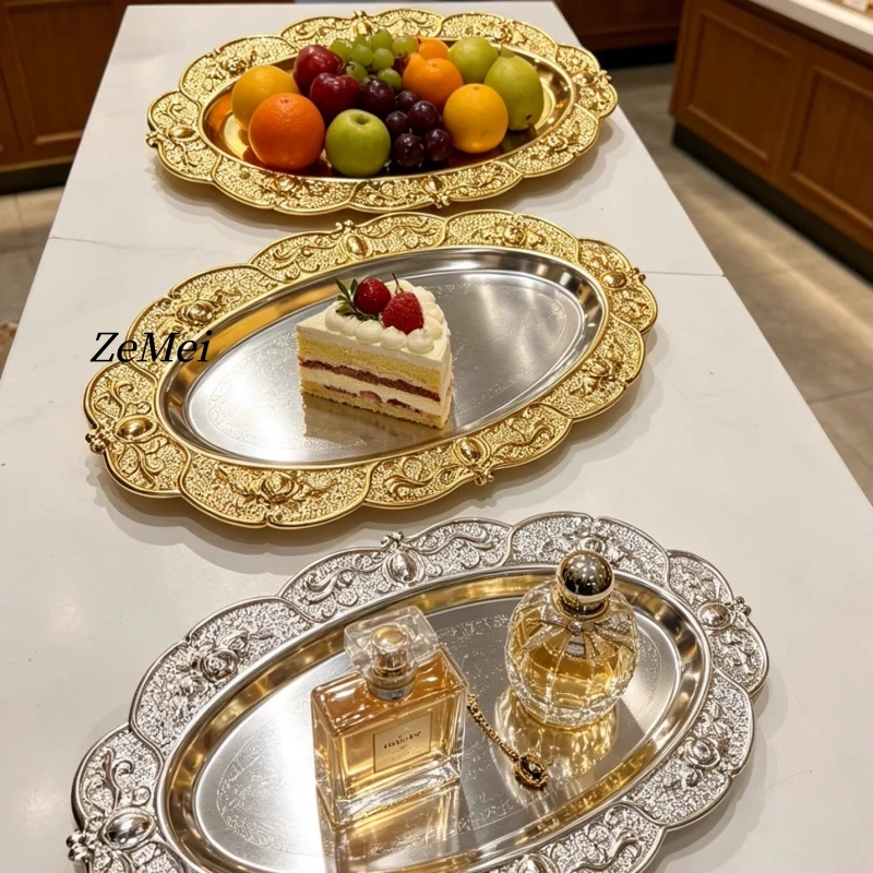 European-Style Elliptical Fruit Plate, Exquisitely Carved Creative Display Metal Cake Tray, Home Dessert Snack Plate Decoration