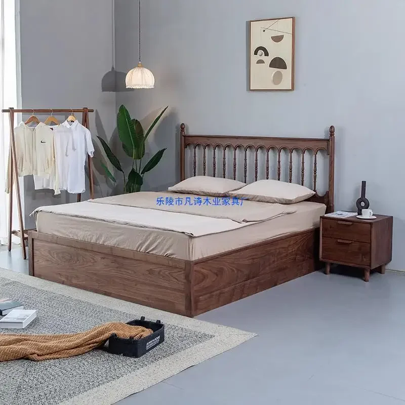 سرير عالي الضغط من خشب الجوز الأسود في أمريكا الشمالية، سرير تخزين من الخشب الصلب وندسور مزدوج، سرير كوين حديث #2