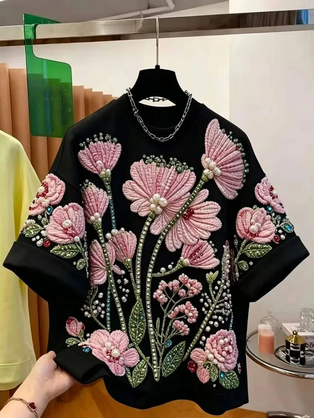 Heavyweight Luxury Fashion T-Shirt Women's Short Sleeve Embellished Floral Versatile Summer New Style Korean Loose Fit round ...
