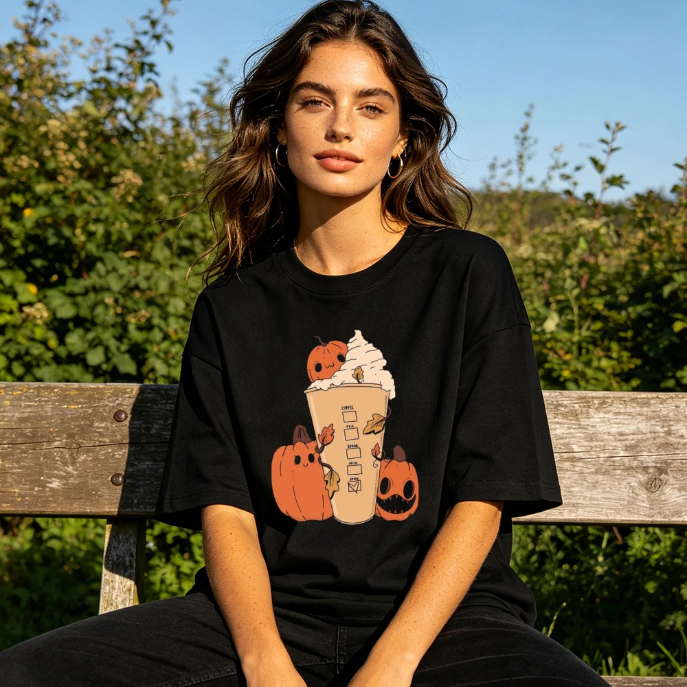 Cute Pumpkin Latte  Whipped Cream Summer Women Cotton T-Shirt Cartoon Pumpkin Autumn Coffee Fall Season Graphic Short Sleeve Top