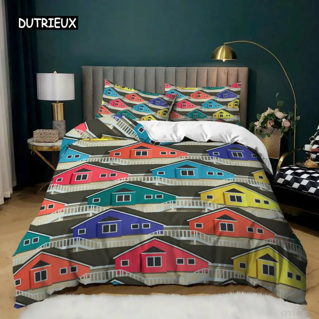 

Houses Duvet Cover Set King Size 2/3pcs Colorful Houses Geometric Pattern Bedding Set for Kids Boys Teens Microfiber Quilt Cover