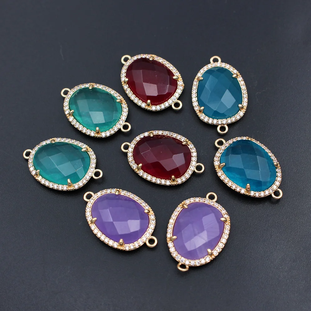 

10pcs Natural Stone Charms Connectors Pendants CZ paved Lavender Blue Jade Double Hole DIY for Necklace Bracelets Making