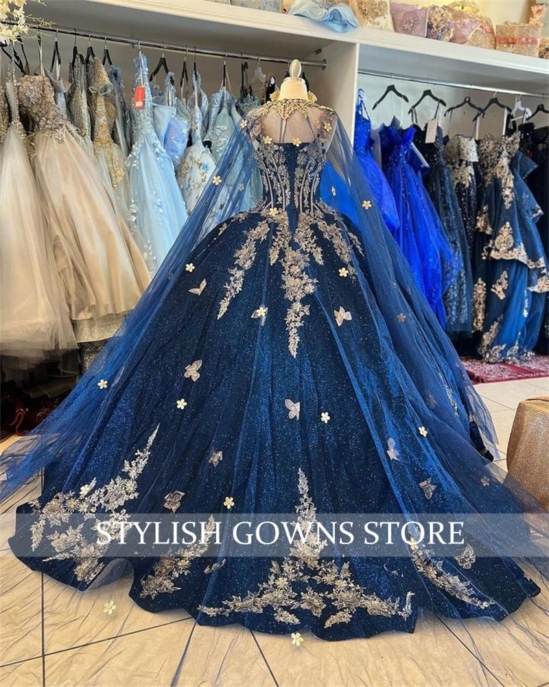 Vestido de quinceañera azul marino para niña, traje de quinceañera con apliques de cuentas, dulce 16, vestidos de fiesta de cumpleaños con capa