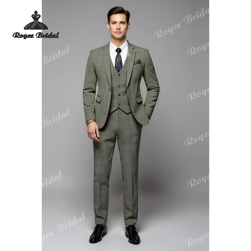 Grey Green Plaid Three Piece Single Breasted Men's Wedding Suit 2026 Notched Lapel Business Suit Customized trajes para hombre