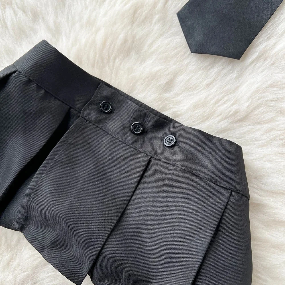 Sexy Hot School uniform Bubble Sleeves Ruffle Hollowed Short top shirt PU Leather Camisole Mini Pleated Skirt Tie 4 Pieces Set