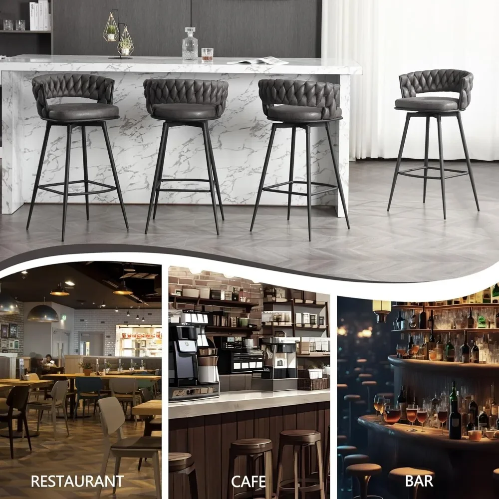 Set of 4, 26 inch Seat Height Bar Stools, 180° Swivel Barstools with Woven Back and Footrest, Suede Fabric Counter Stools