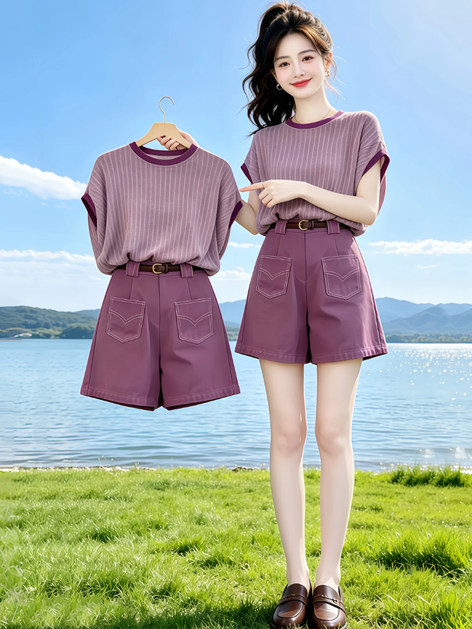 Summer 2026 Women's Casual Loose Fit round Neck Short Sleeve T-Shirt And Denim Shorts Two-Piece Set Slimming Effect Five-Quar...