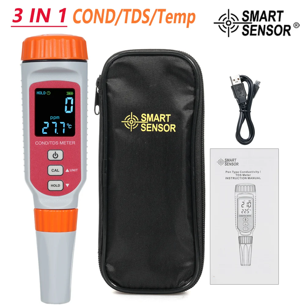 SMART SENSOR 3 IN1 Digital Water Quality Meter COND/TDS/Temp Meter 0~1999ppm/0~19.99ppt Pen Type Conductivity Meter for Aquarium