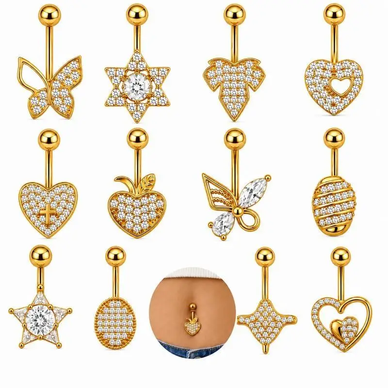 Belly Button Rings Gold Plated Shiny Cubic Zirconia Minimalist Stylish Navel Piercing for Beach Daily Gift for Girls