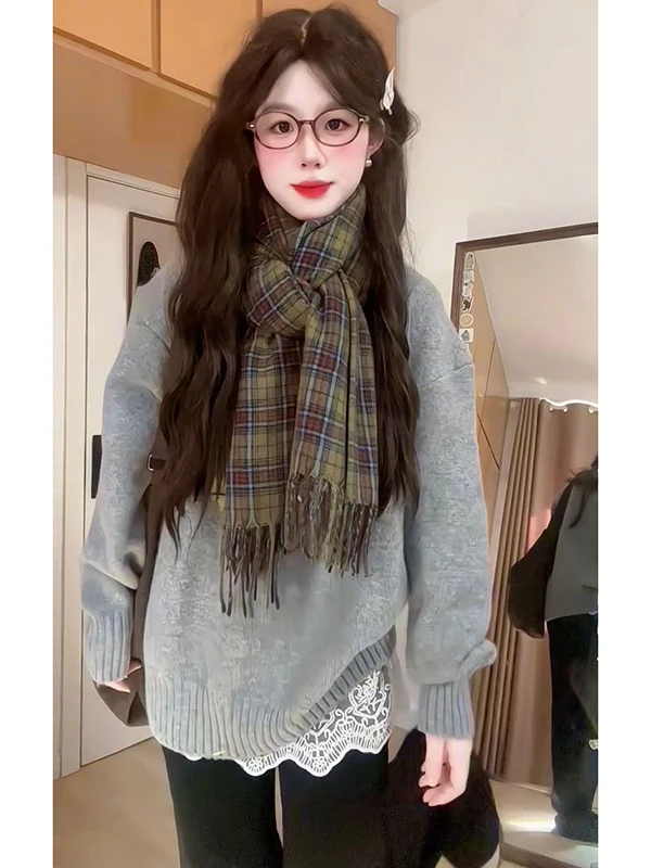 

Sweet Cute Pure College Sle ey Soft Fluffy Knitted round Ne Pullover Korean Version Casual Knitwear Top