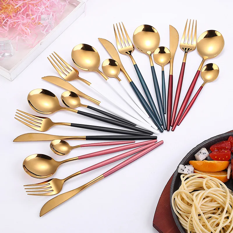 4Pcs Stainless Steel Golden Cutlery Set Black Luxury Dinnerware Sets Kitchen Cutlery Tablewareware Set  Fork Spoons Knives Set