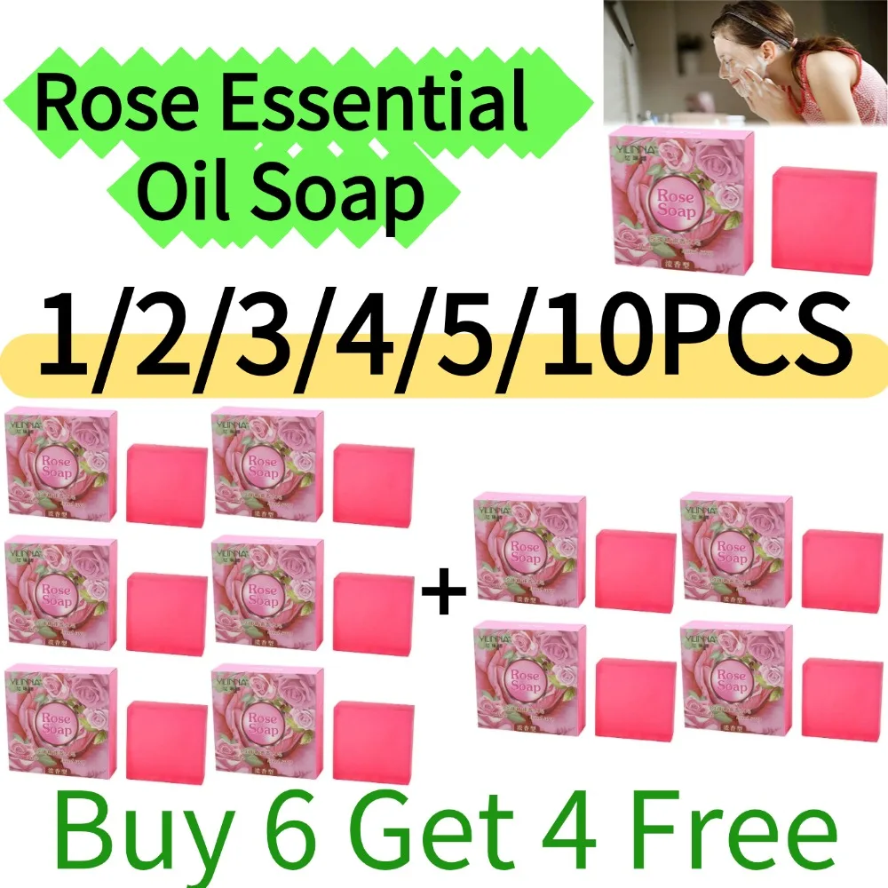  1/2/3/4/5/10pcs(Buy 6 Get 4 Free) Rose Essential Oil Soap Natural Plant Formula Long Lasting Fragrance Cleansing Soap