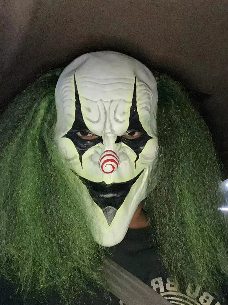 Maschera raccapricciante da clown spaventoso di Halloween con capelli verdi e naso rosso - Maschera jack con copricapo in lattice per feste horror ed eventi in costume